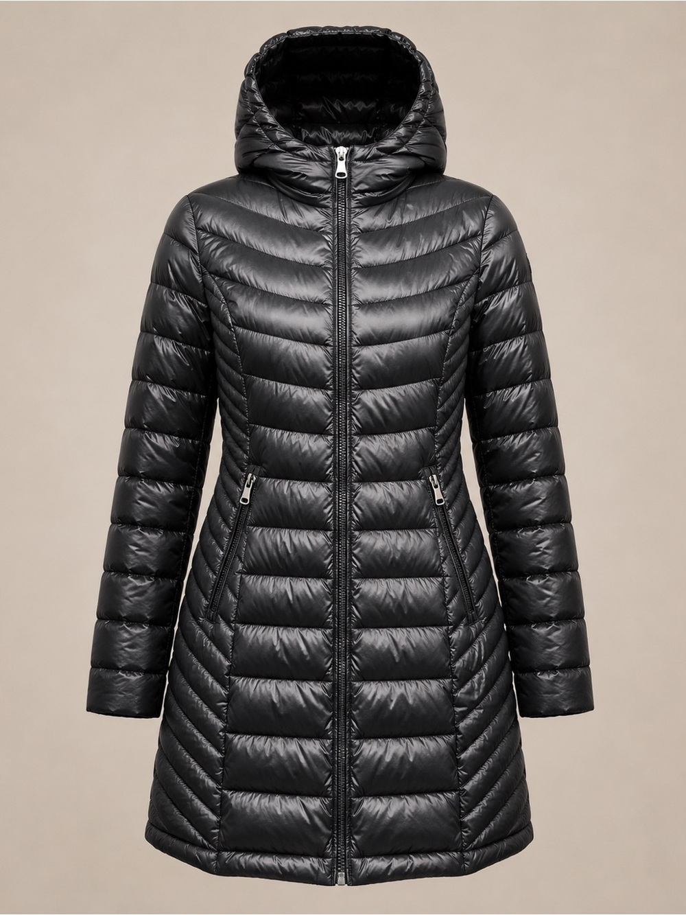Calvin Klein XL Black Packable Premium Down Long Puffer Coat Hooded